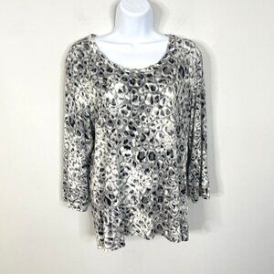 Chico's Womens ABSTRACT CHEETAH Tunic Top Sz 1 M Black Gray Stretch 3/4 Sleeve